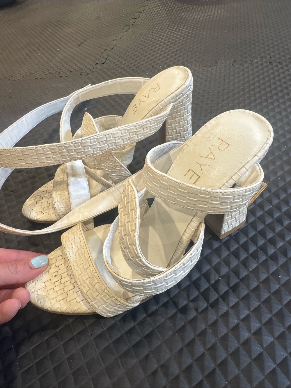 RAYE Cream Woven Mid Block Heel Sandals